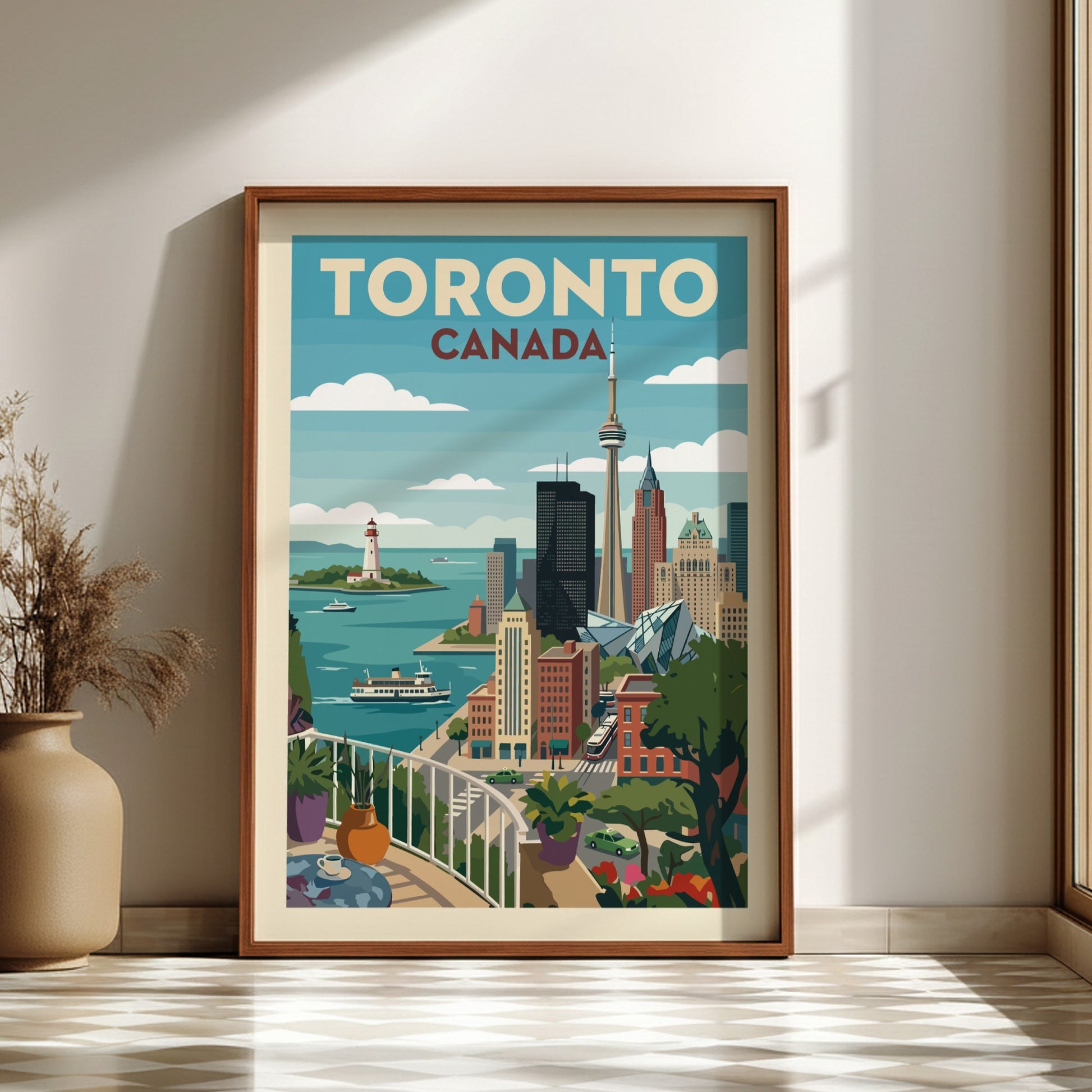Vintage Toronto skyline travel poster with CN Tower, waterfront, and balcony view. Cityscape art.