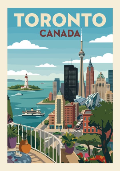 Vintage Toronto skyline travel poster with CN Tower, waterfront, and balcony view. Cityscape art.