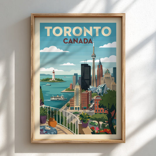 Vintage Toronto skyline travel poster with CN Tower, waterfront, and balcony view. Cityscape art.