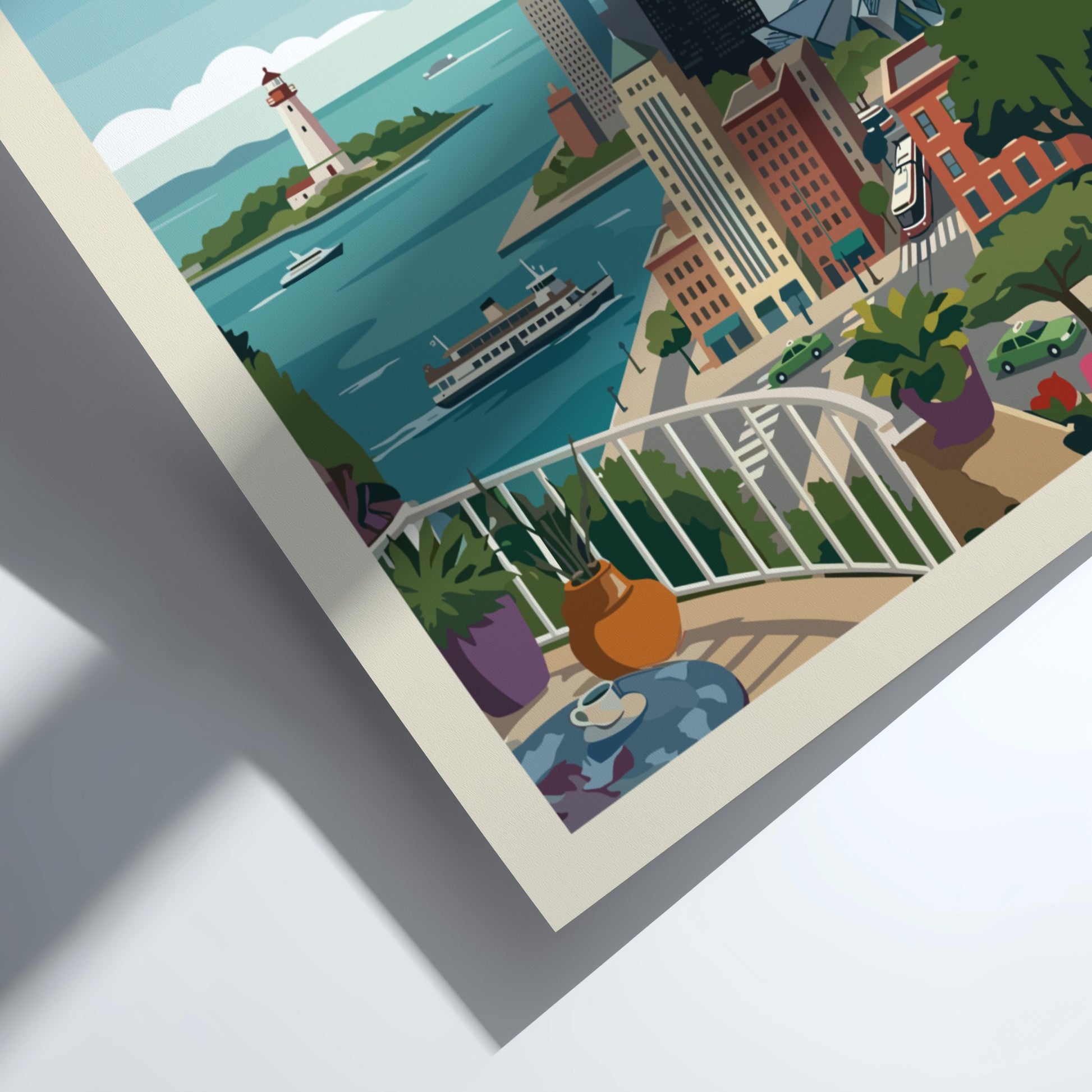Vintage Toronto skyline travel poster with CN Tower, waterfront, and balcony view. Cityscape art.