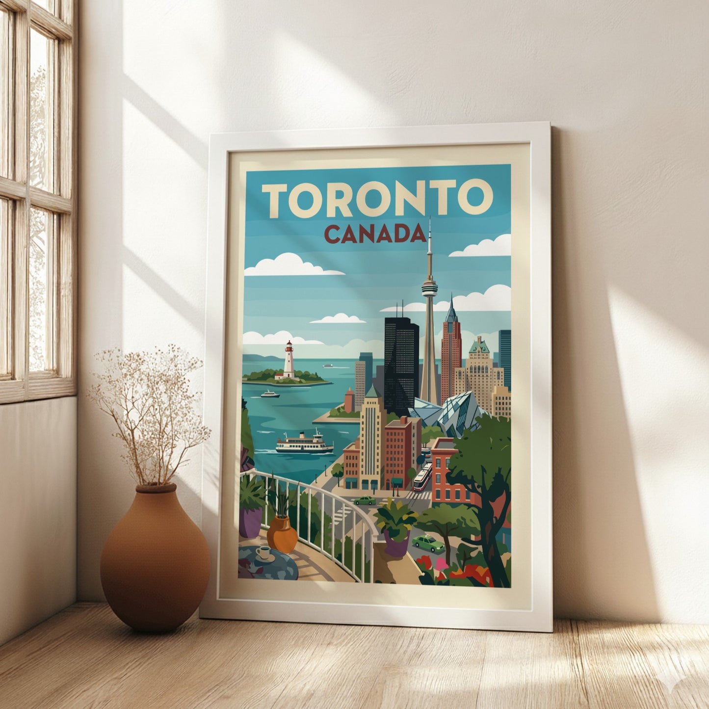 Vintage Toronto skyline travel poster with CN Tower, waterfront, and balcony view. Cityscape art.
