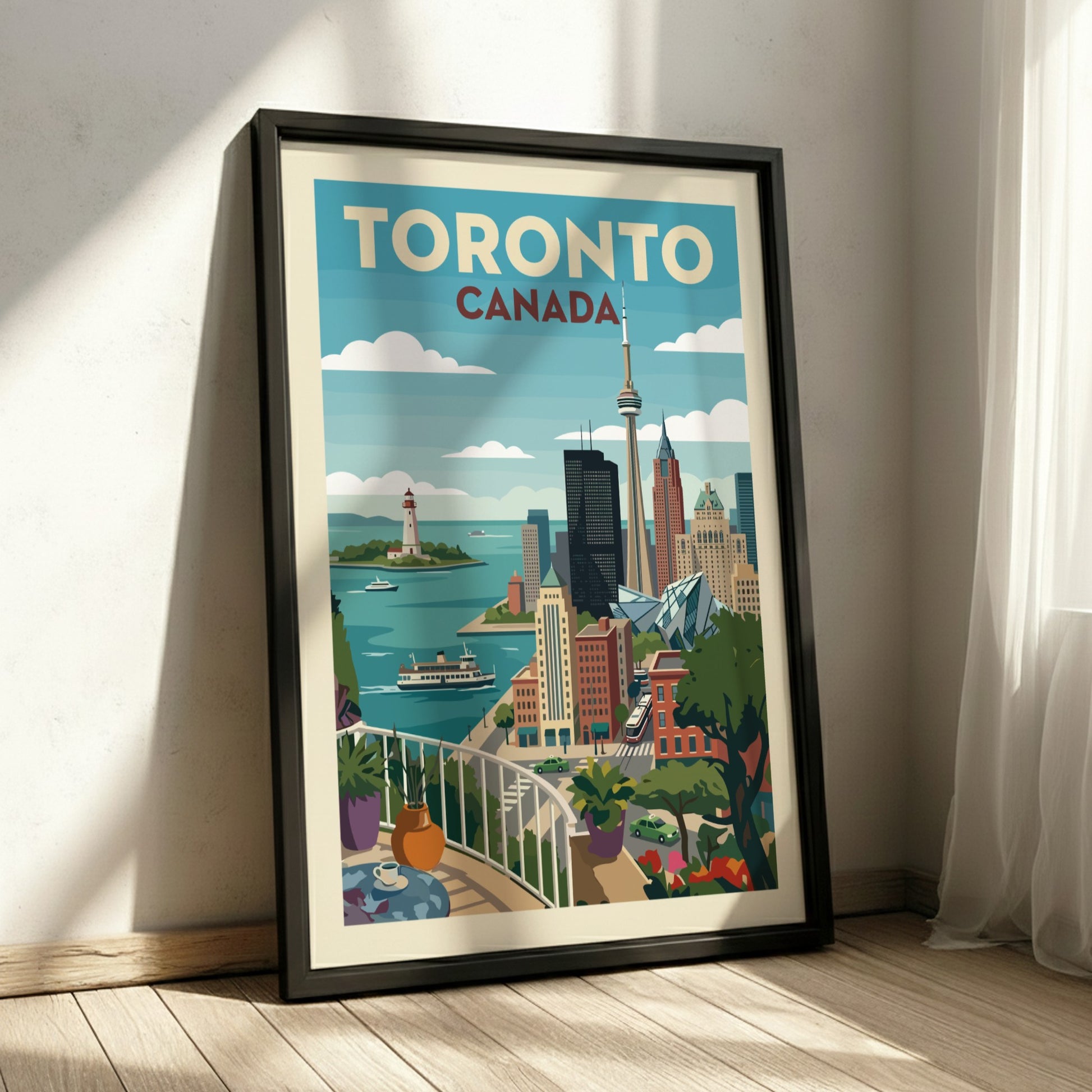 Vintage Toronto skyline travel poster with CN Tower, waterfront, and balcony view. Cityscape art.