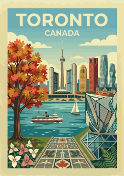 Toronto skyline travel poster with autumn tree and waterfront. Retro cityscape art.
