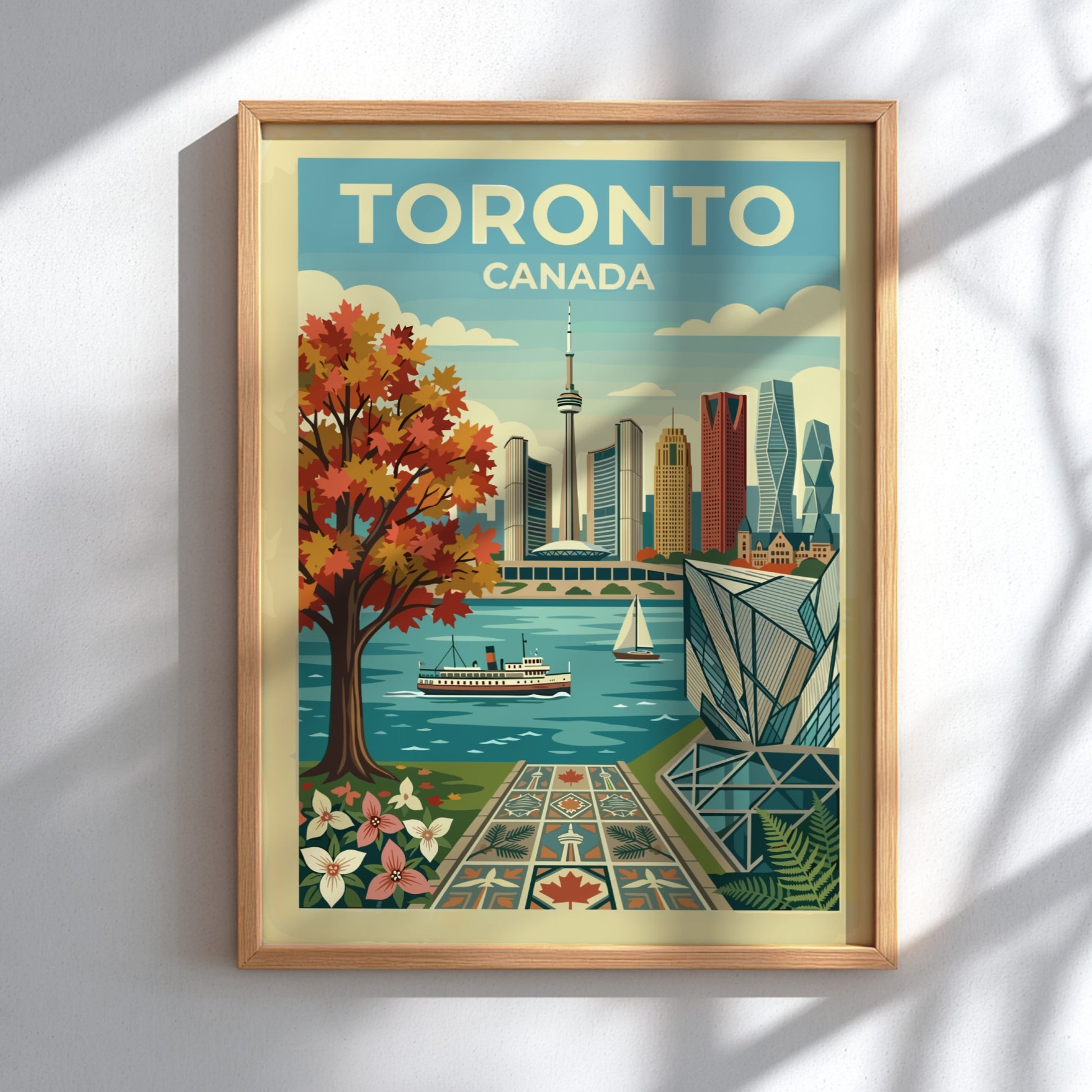 Toronto skyline travel poster with autumn tree and waterfront. Retro cityscape art.