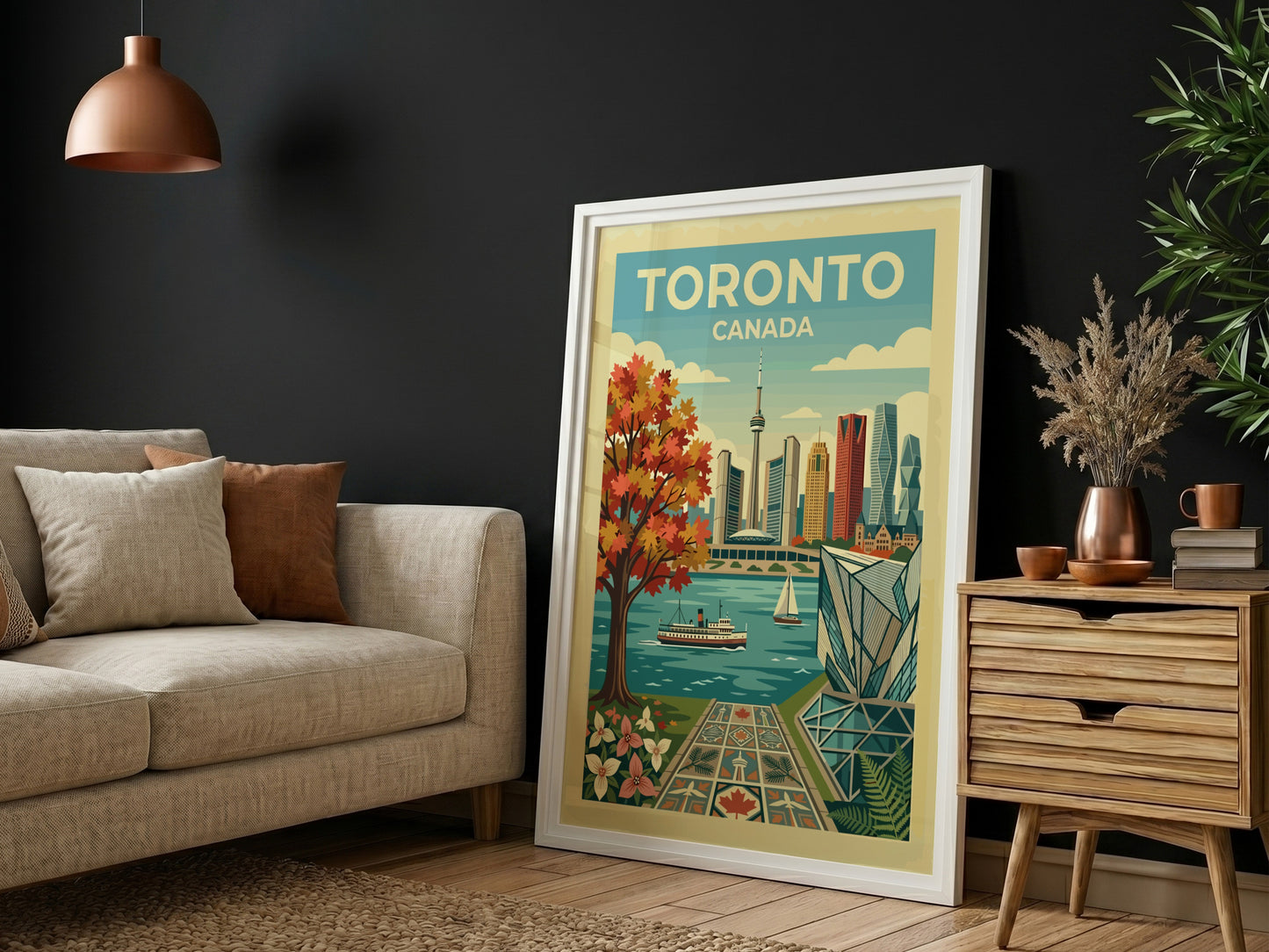 Toronto skyline travel poster with autumn tree and waterfront. Retro cityscape art.