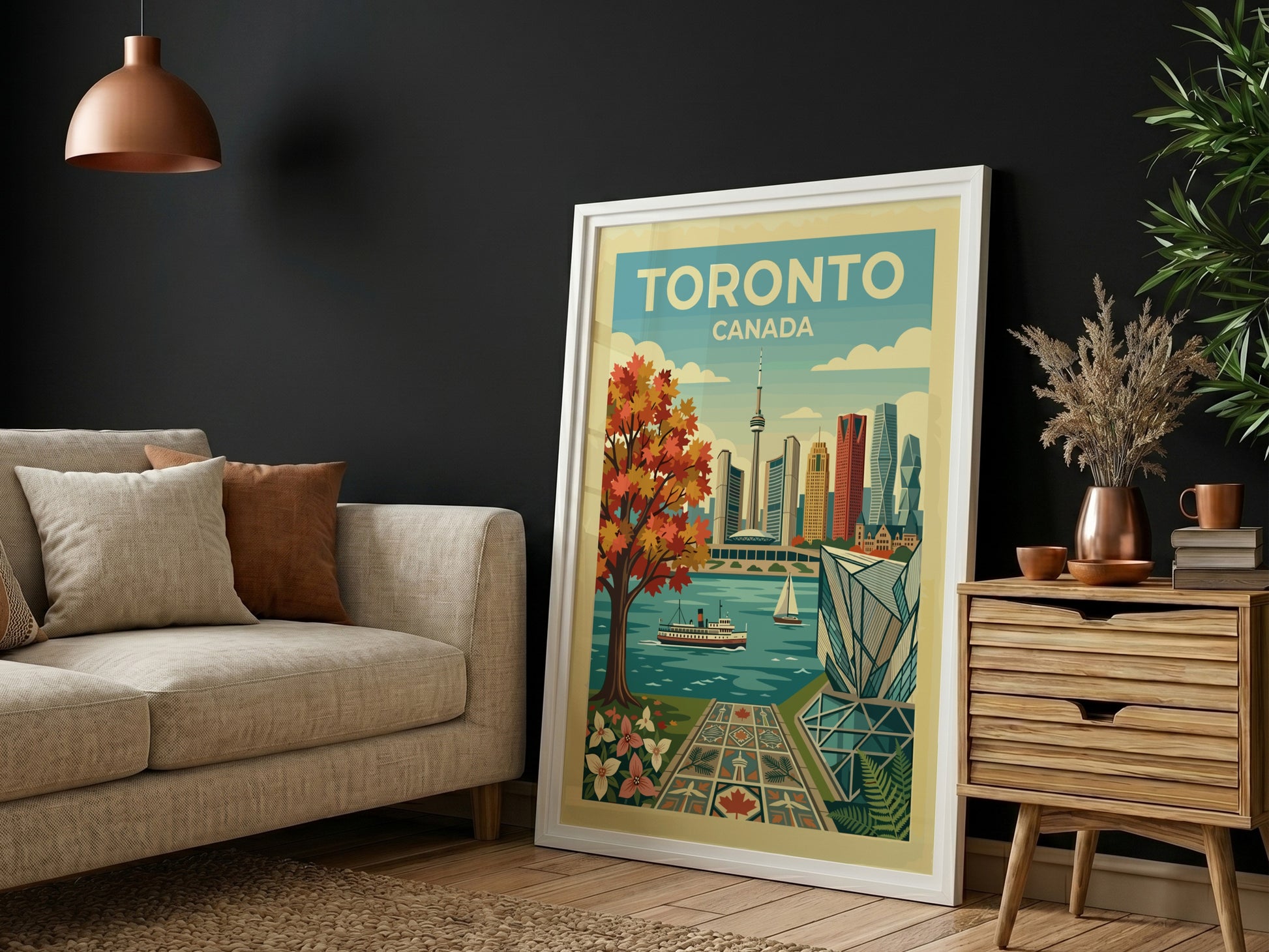 Toronto skyline travel poster with autumn tree and waterfront. Retro cityscape art.