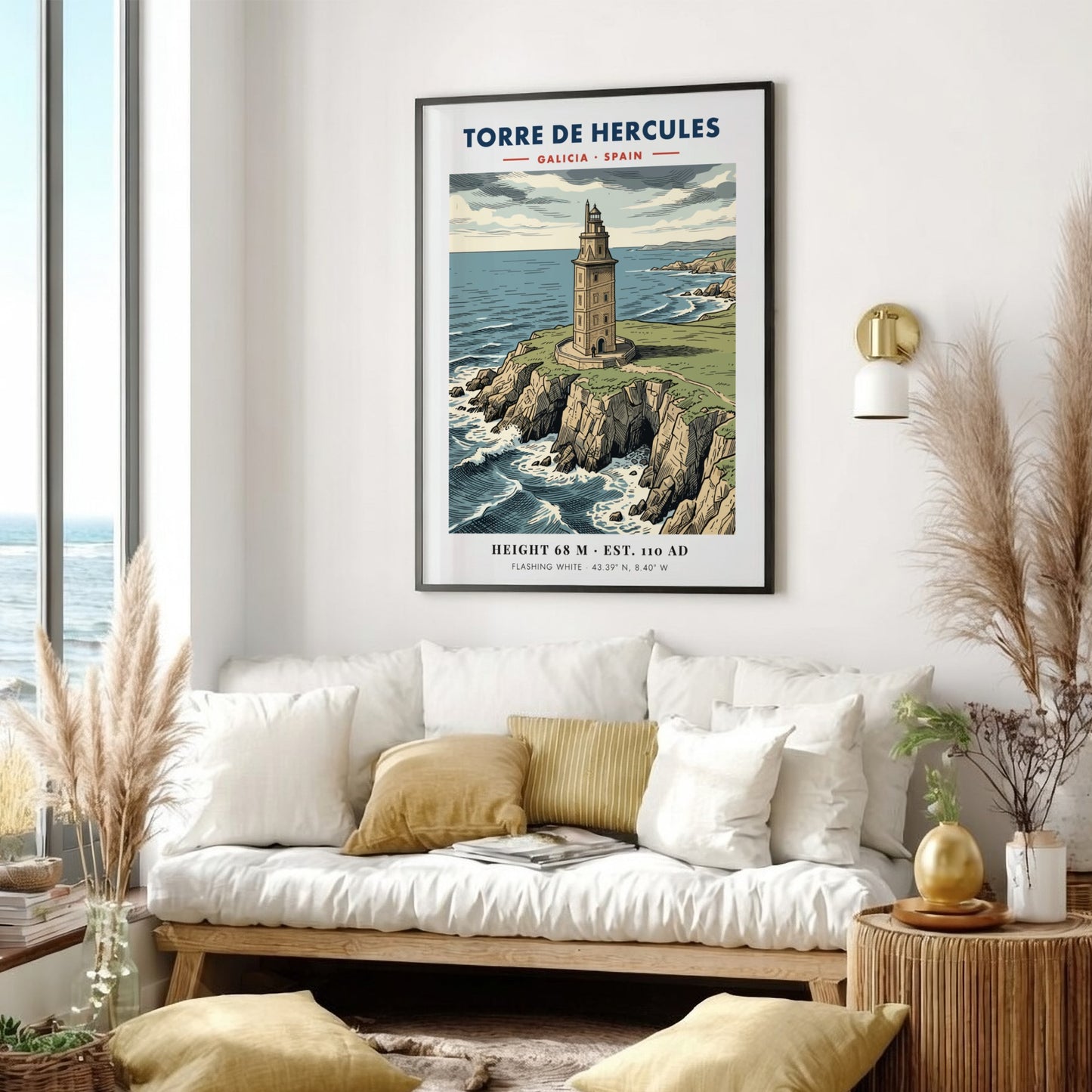 Poster of the historic Torre de Hercules lighthouse on a rocky Galician cliffside.