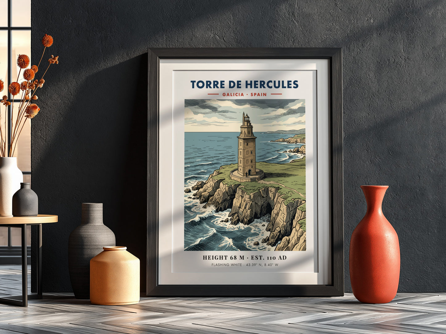Poster of the historic Torre de Hercules lighthouse on a rocky Galician cliffside.