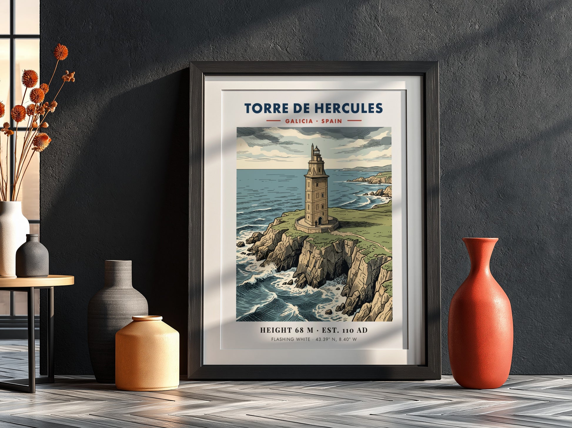 Poster of the historic Torre de Hercules lighthouse on a rocky Galician cliffside.
