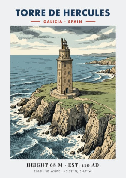 Poster of the historic Torre de Hercules lighthouse on a rocky Galician cliffside.