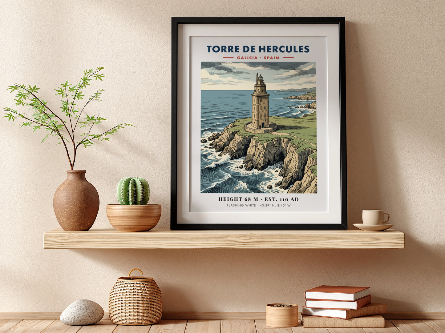 Poster of the historic Torre de Hercules lighthouse on a rocky Galician cliffside.