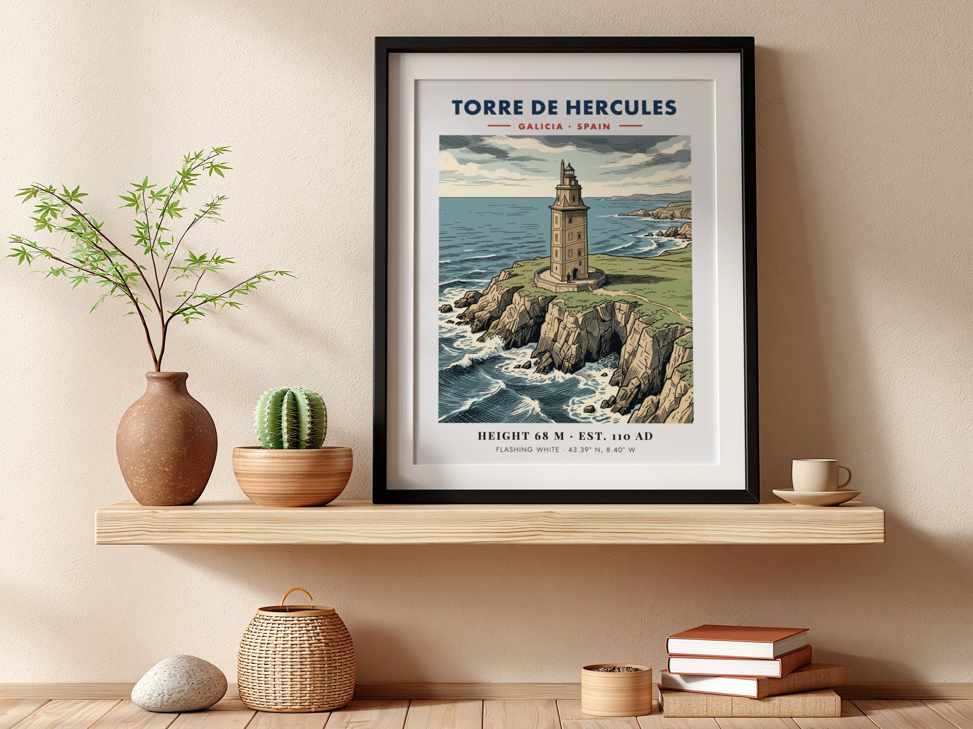 Poster of the historic Torre de Hercules lighthouse on a rocky Galician cliffside.