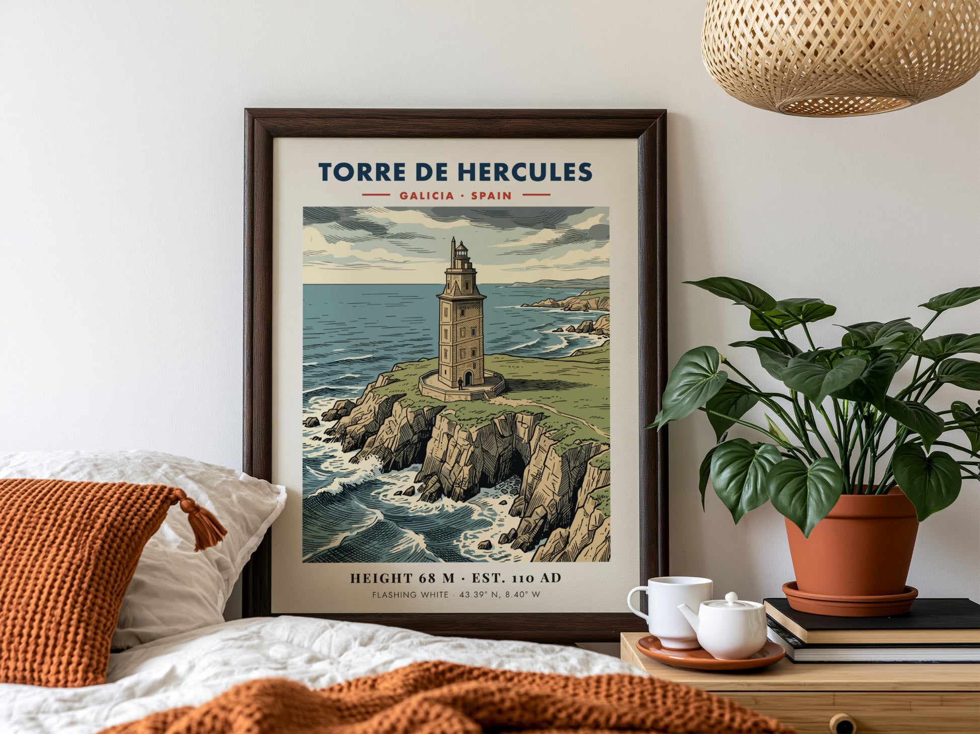 Poster of the historic Torre de Hercules lighthouse on a rocky Galician cliffside.
