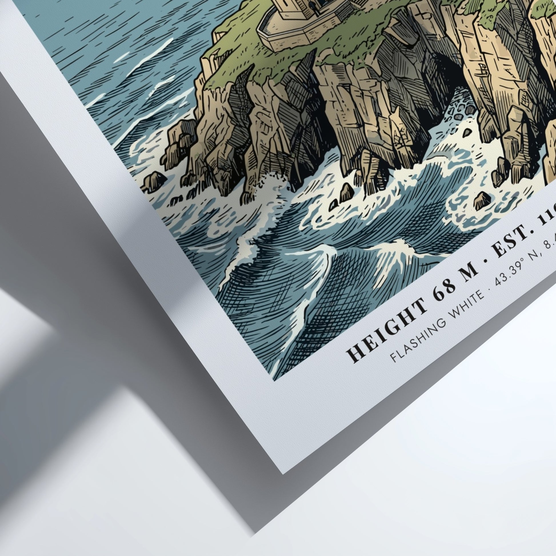 Poster of the historic Torre de Hercules lighthouse on a rocky Galician cliffside.