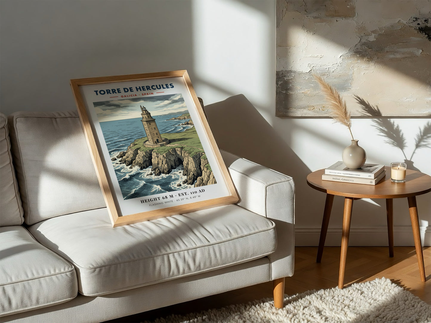 Poster of the historic Torre de Hercules lighthouse on a rocky Galician cliffside.