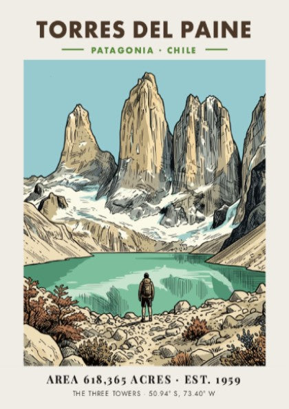 Poster featuring the jagged granite towers of Torres Del Paine in Patagonia Chile