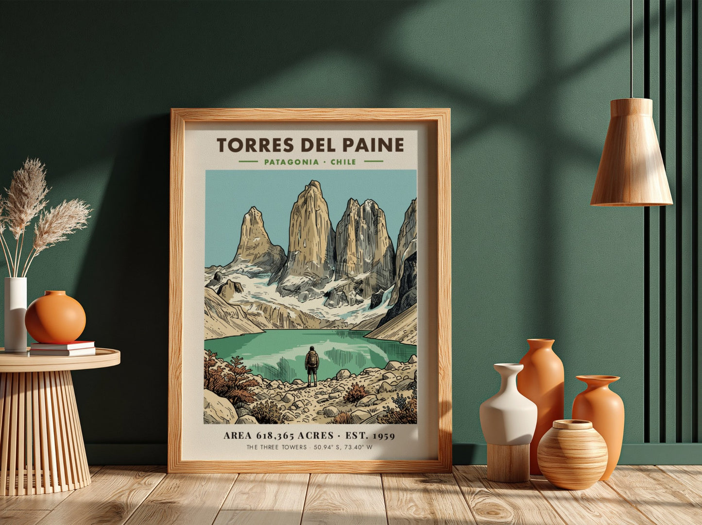 Poster featuring the jagged granite towers of Torres Del Paine in Patagonia Chile