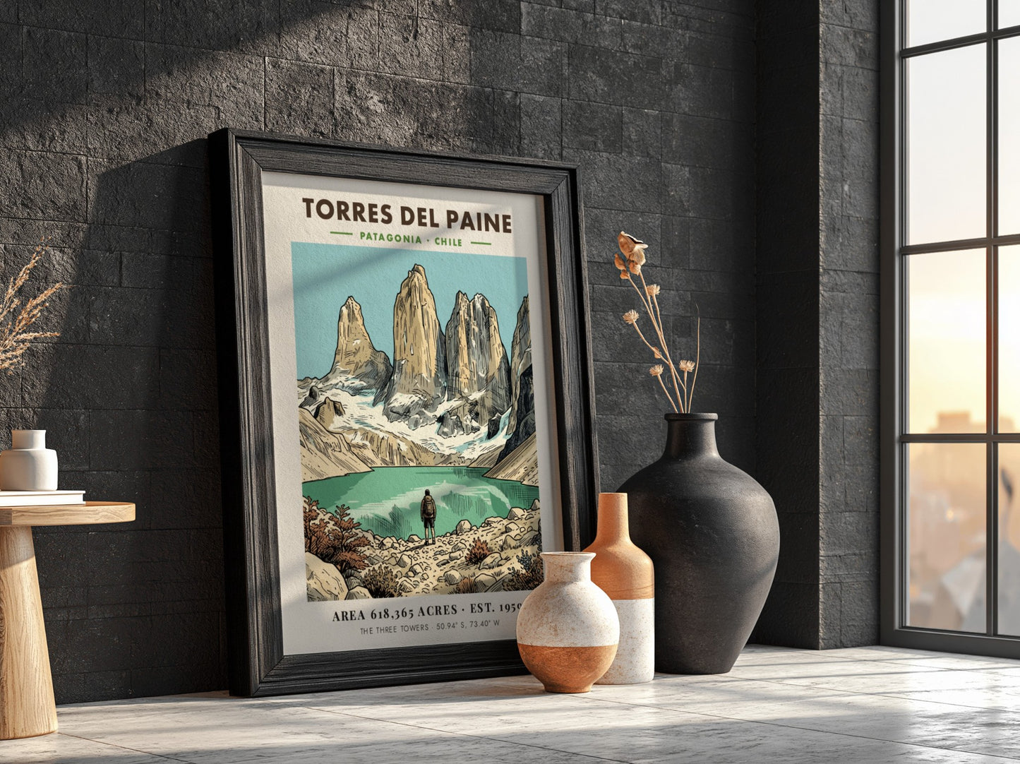 Poster featuring the jagged granite towers of Torres Del Paine in Patagonia Chile