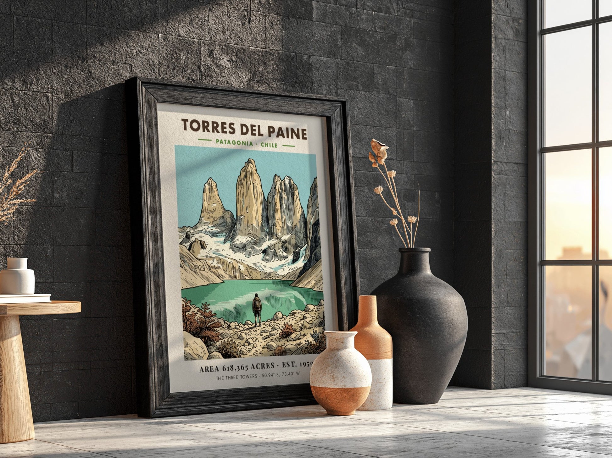 Poster featuring the jagged granite towers of Torres Del Paine in Patagonia Chile