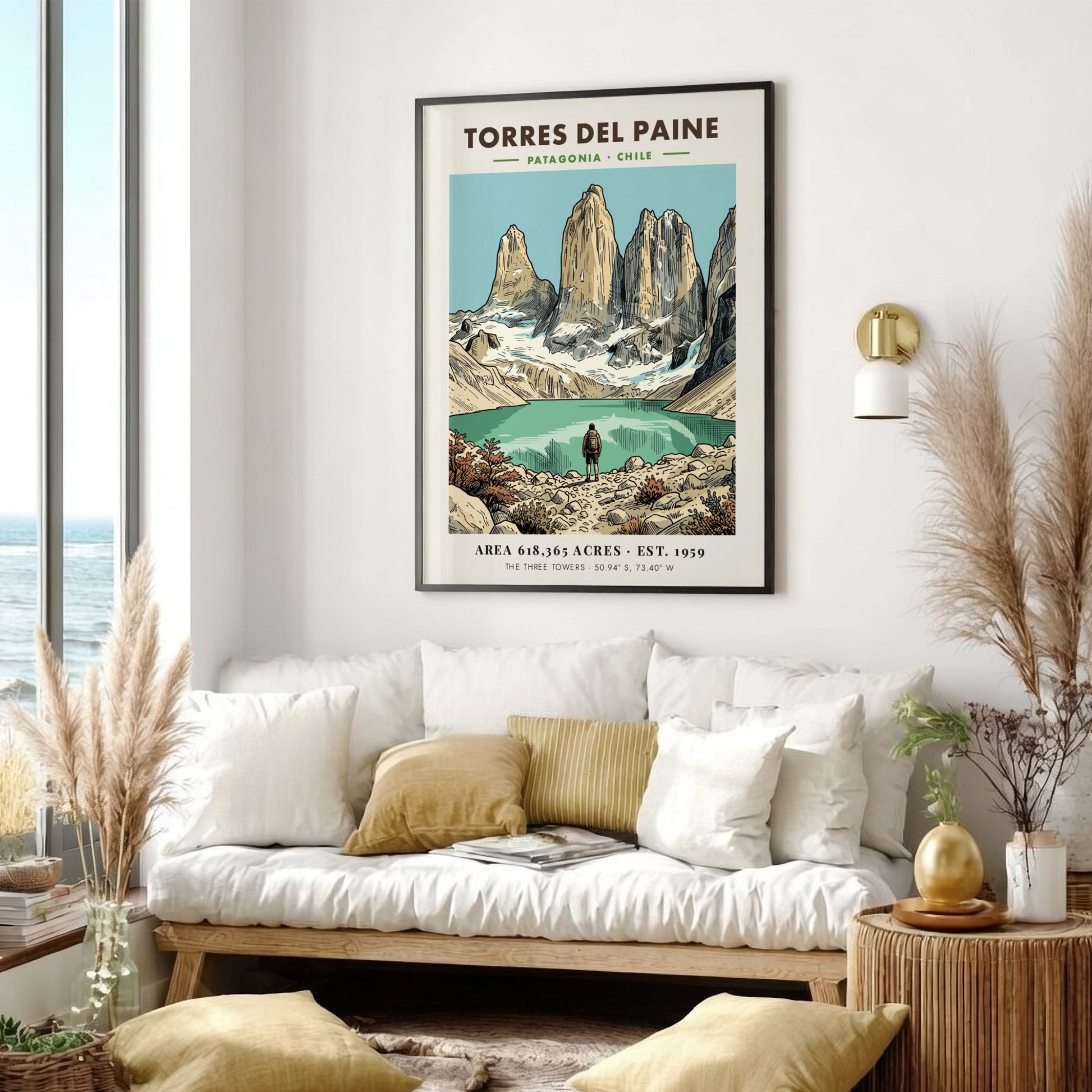 Poster featuring the jagged granite towers of Torres Del Paine in Patagonia Chile