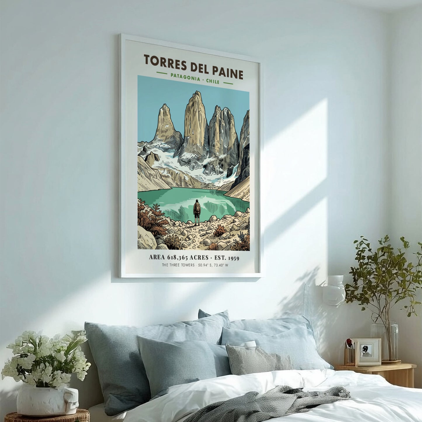 Poster featuring the jagged granite towers of Torres Del Paine in Patagonia Chile