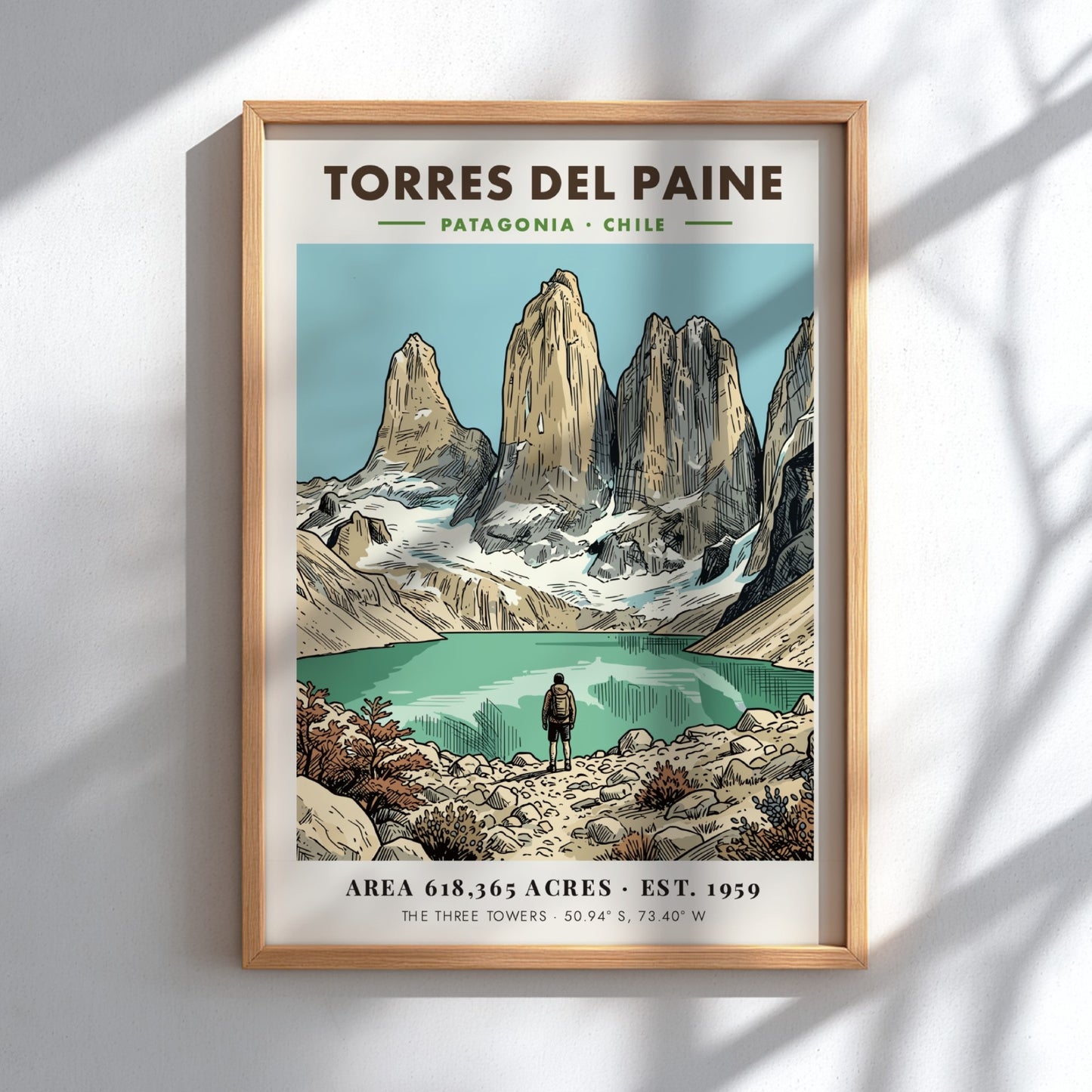 Poster featuring the jagged granite towers of Torres Del Paine in Patagonia Chile
