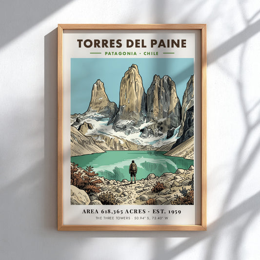 Poster featuring the jagged granite towers of Torres Del Paine in Patagonia Chile