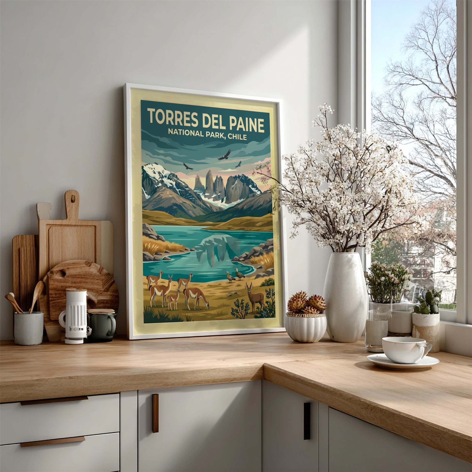 South America travel poster featuring Torres del Paine mountains, guanacos, and condors in Patagonia.