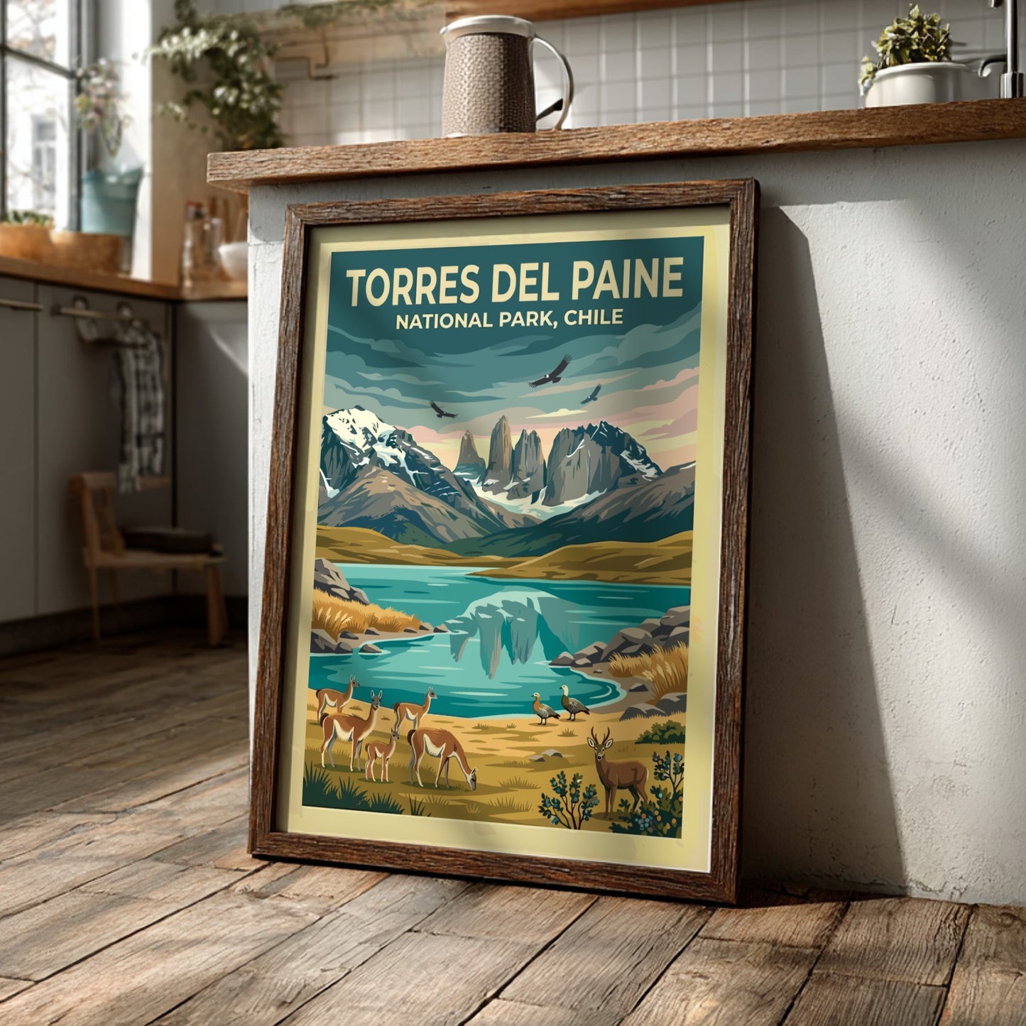 South America travel poster featuring Torres del Paine mountains, guanacos, and condors in Patagonia.
