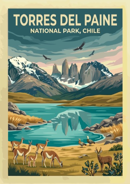 South America travel poster featuring Torres del Paine mountains, guanacos, and condors in Patagonia.
