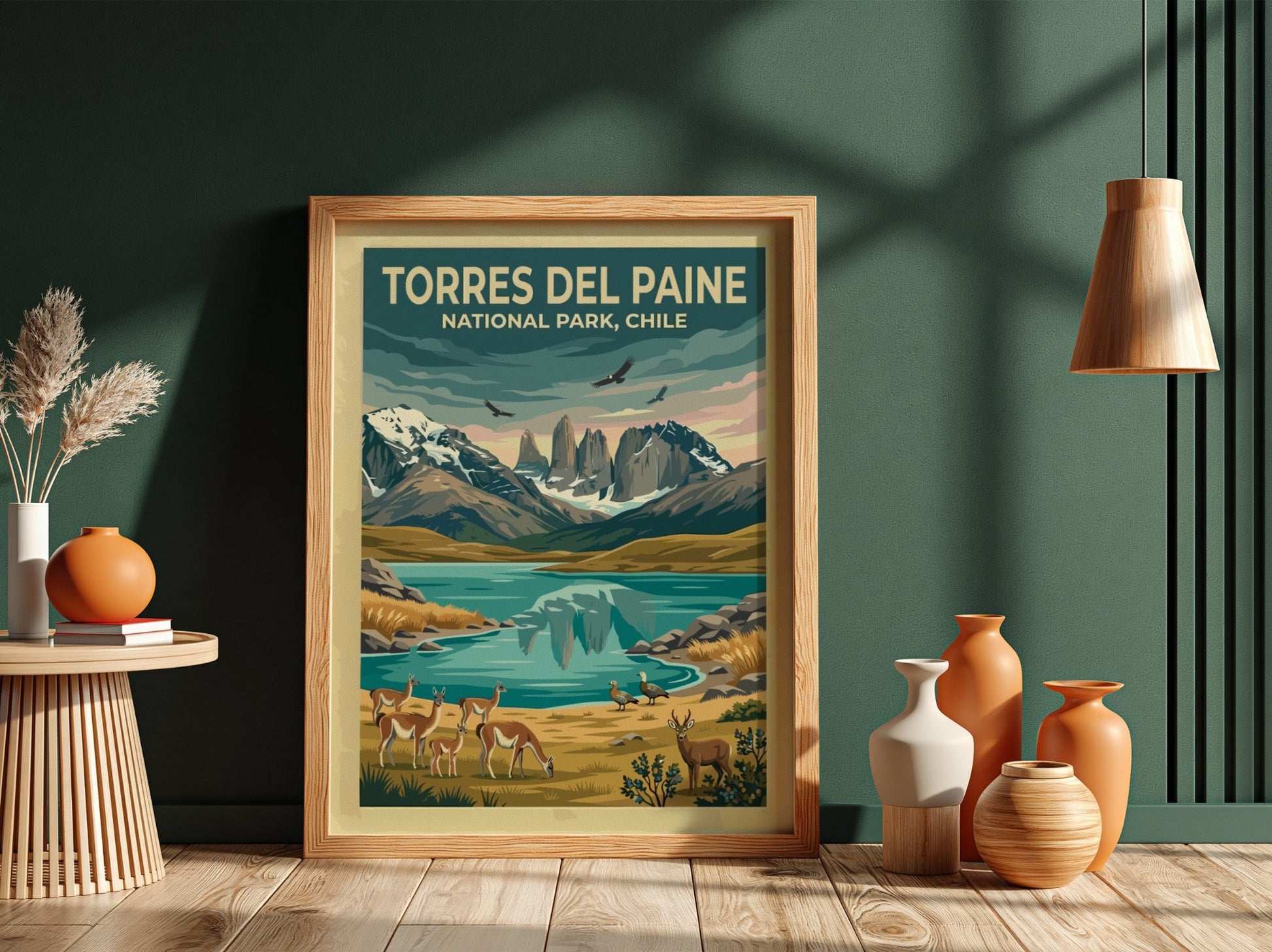 South America travel poster featuring Torres del Paine mountains, guanacos, and condors in Patagonia.