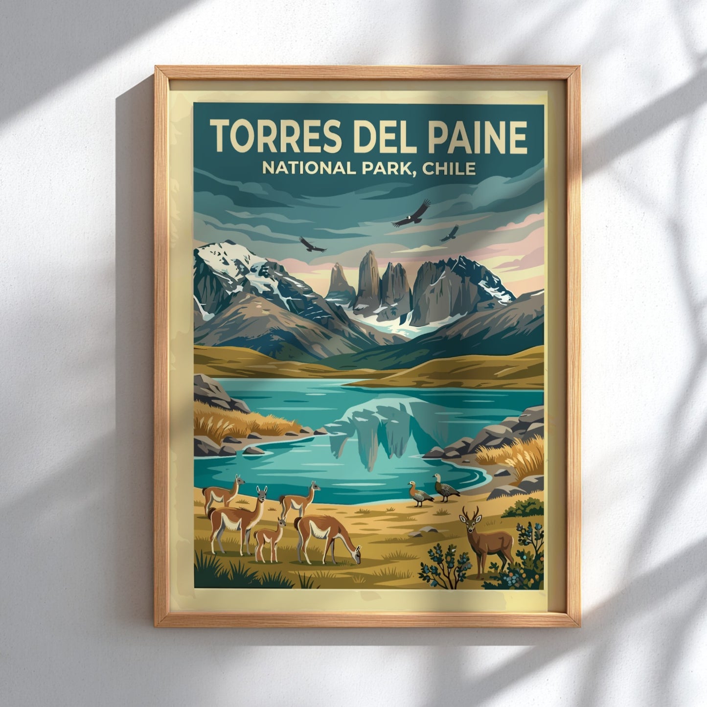 South America travel poster featuring Torres del Paine mountains, guanacos, and condors in Patagonia.
