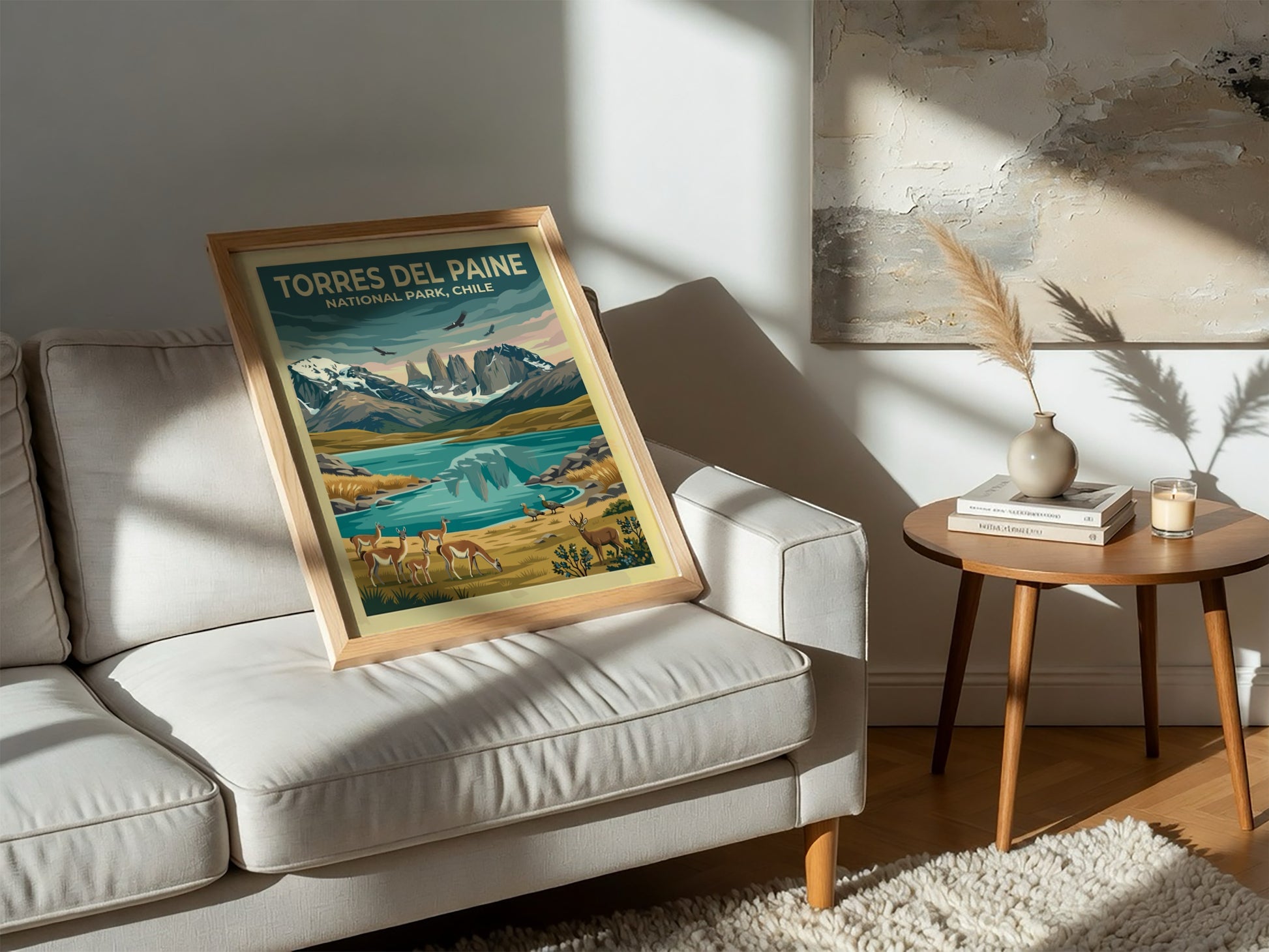 South America travel poster featuring Torres del Paine mountains, guanacos, and condors in Patagonia.