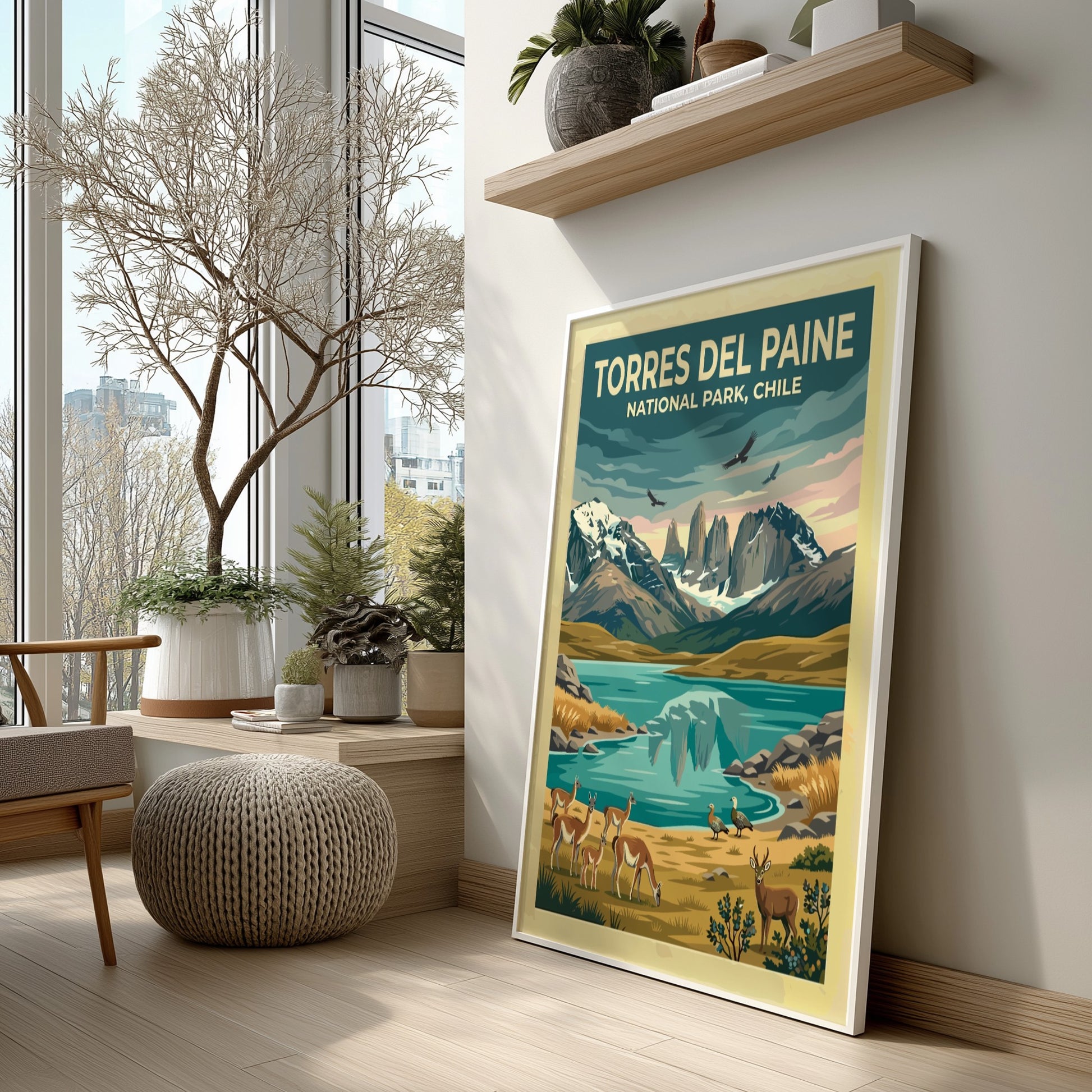 South America travel poster featuring Torres del Paine mountains, guanacos, and condors in Patagonia.