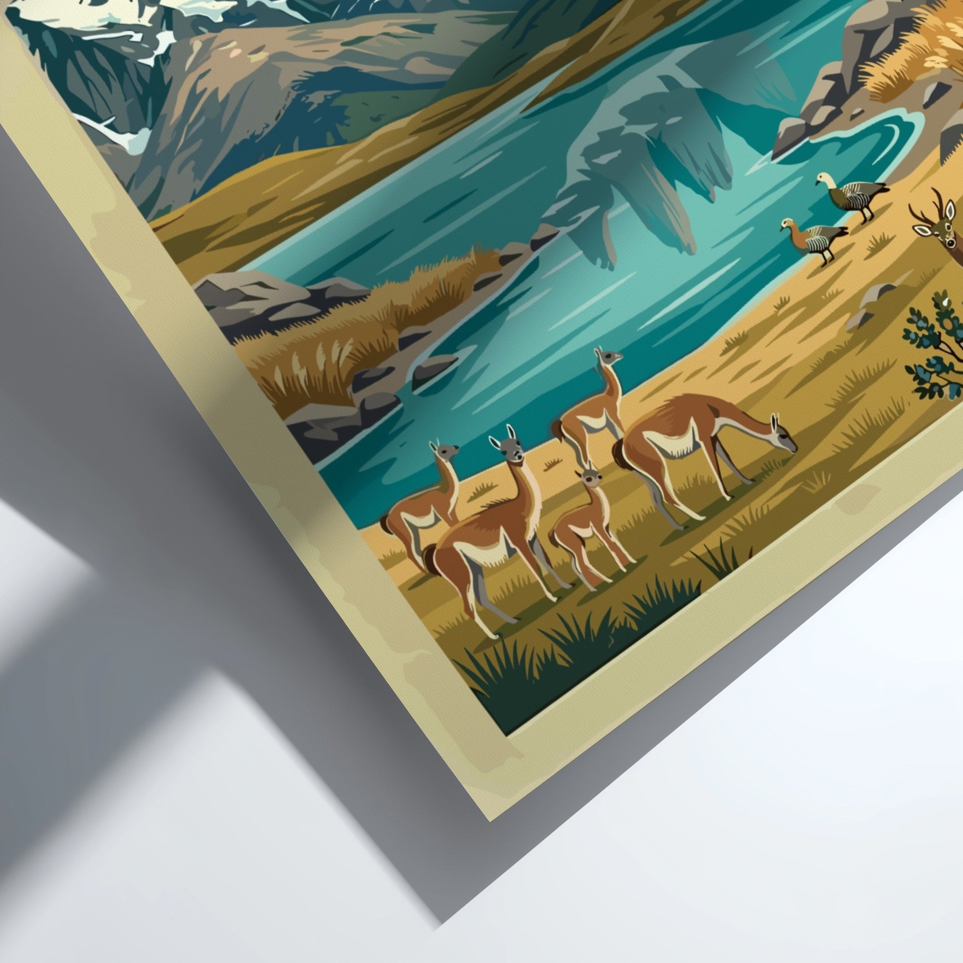 South America travel poster featuring Torres del Paine mountains, guanacos, and condors in Patagonia.