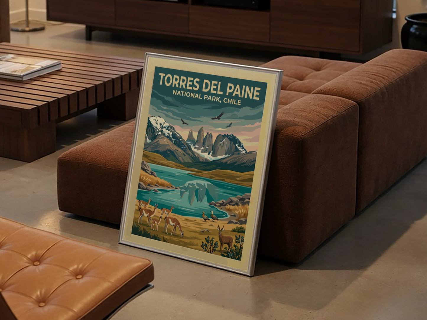 South America travel poster featuring Torres del Paine mountains, guanacos, and condors in Patagonia.
