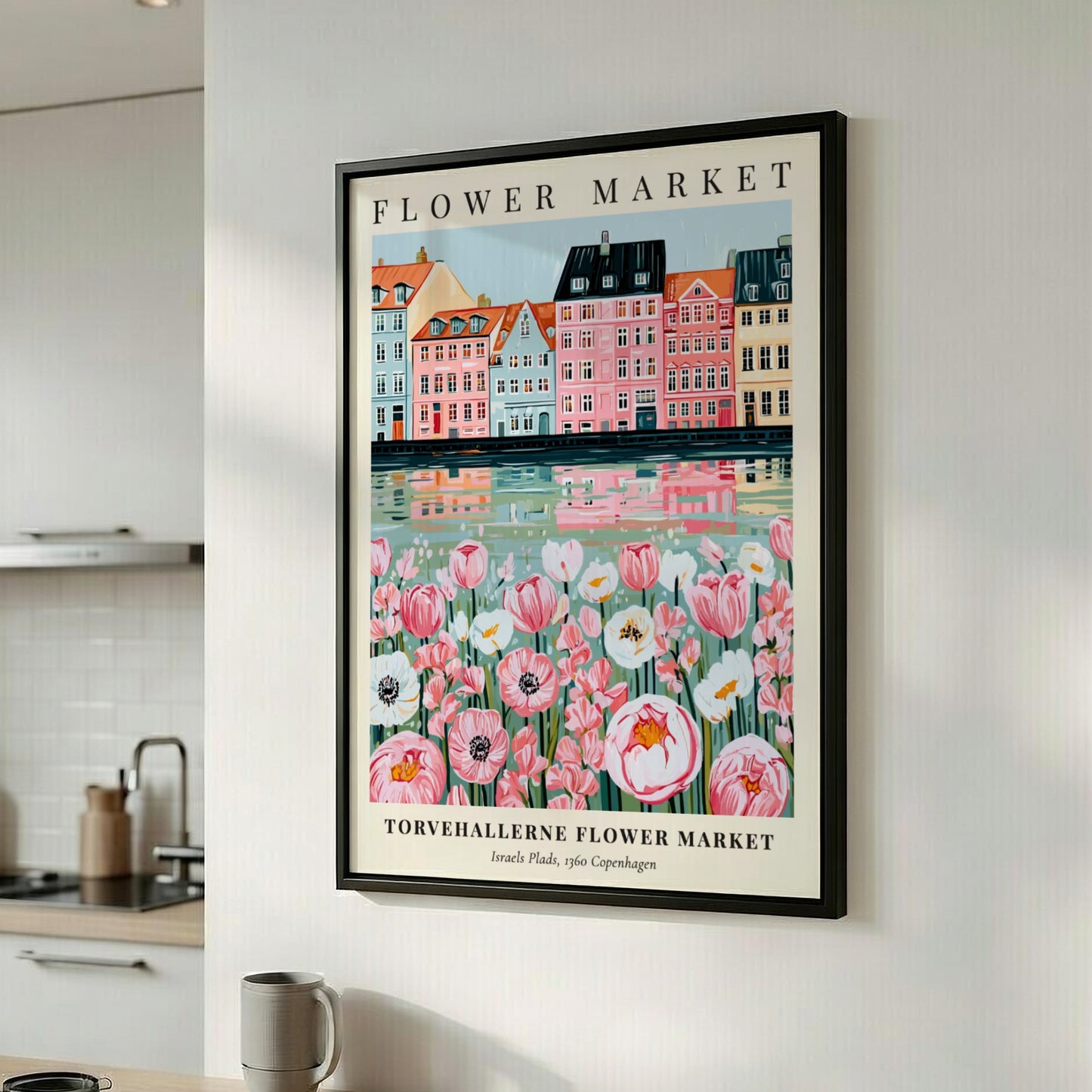 Floral print featuring Torvehallerne Flower Market with pastel buildings and flowers, perfect for wall decor.