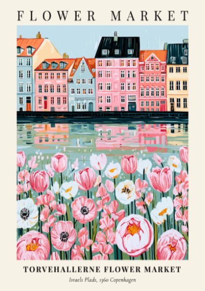 Floral print featuring Torvehallerne Flower Market with pastel buildings and flowers, perfect for wall decor.