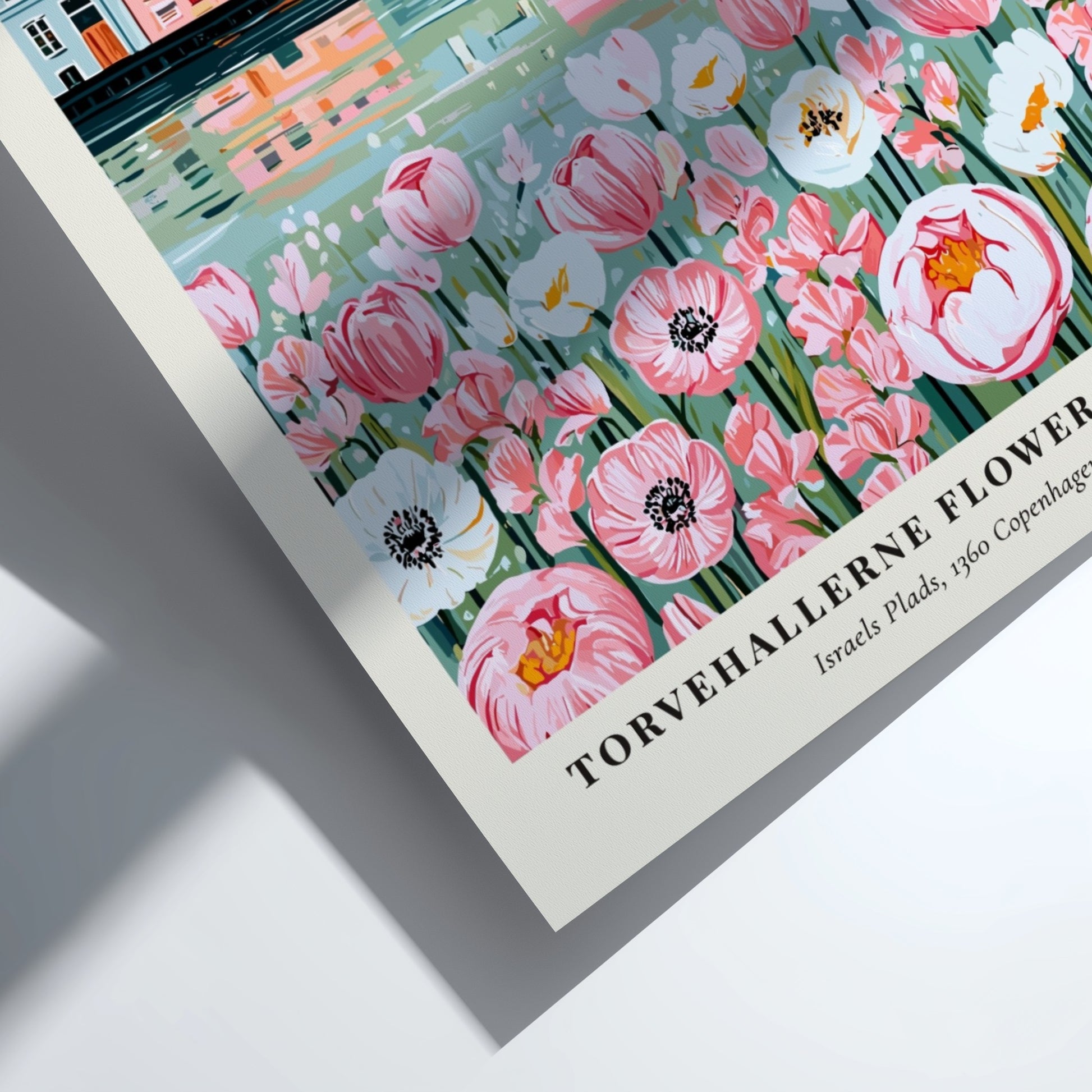 Floral print featuring Torvehallerne Flower Market with pastel buildings and flowers, perfect for wall decor.