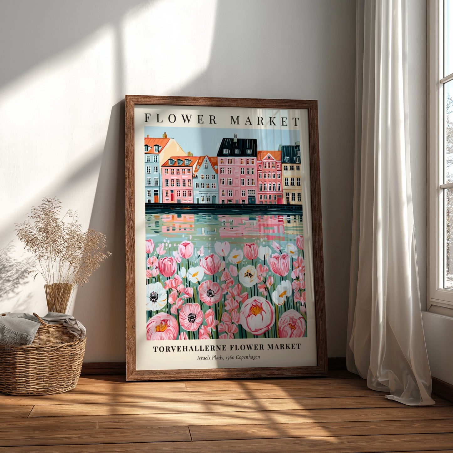 Floral print featuring Torvehallerne Flower Market with pastel buildings and flowers, perfect for wall decor.