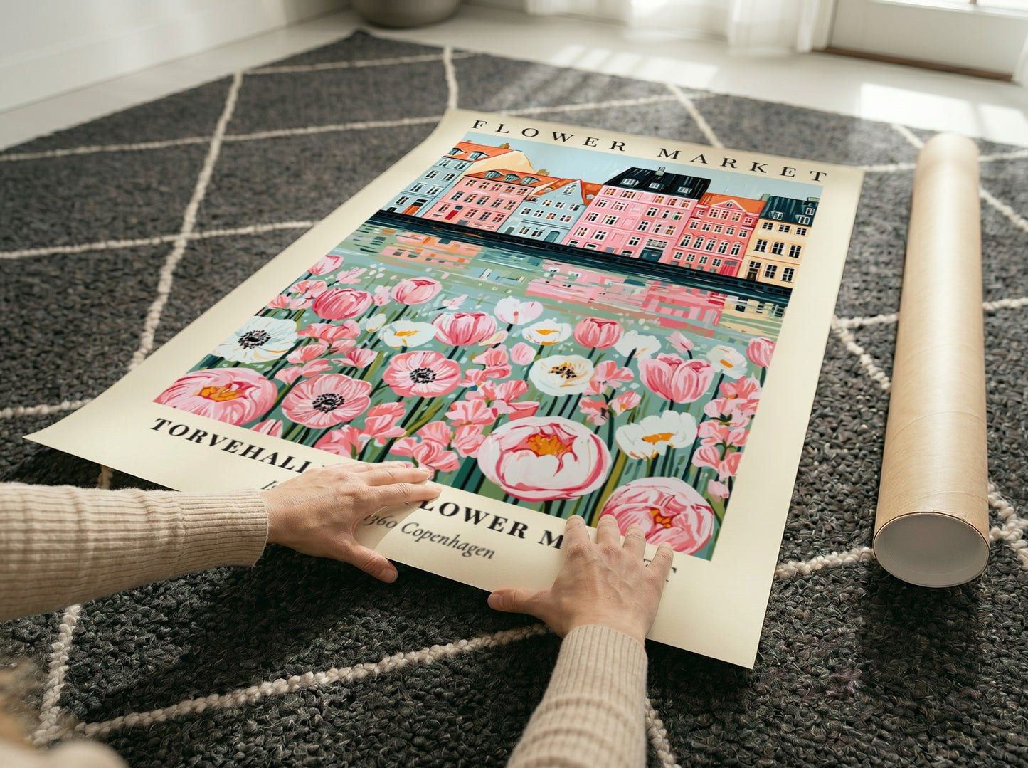 Floral print featuring Torvehallerne Flower Market with pastel buildings and flowers, perfect for wall decor.