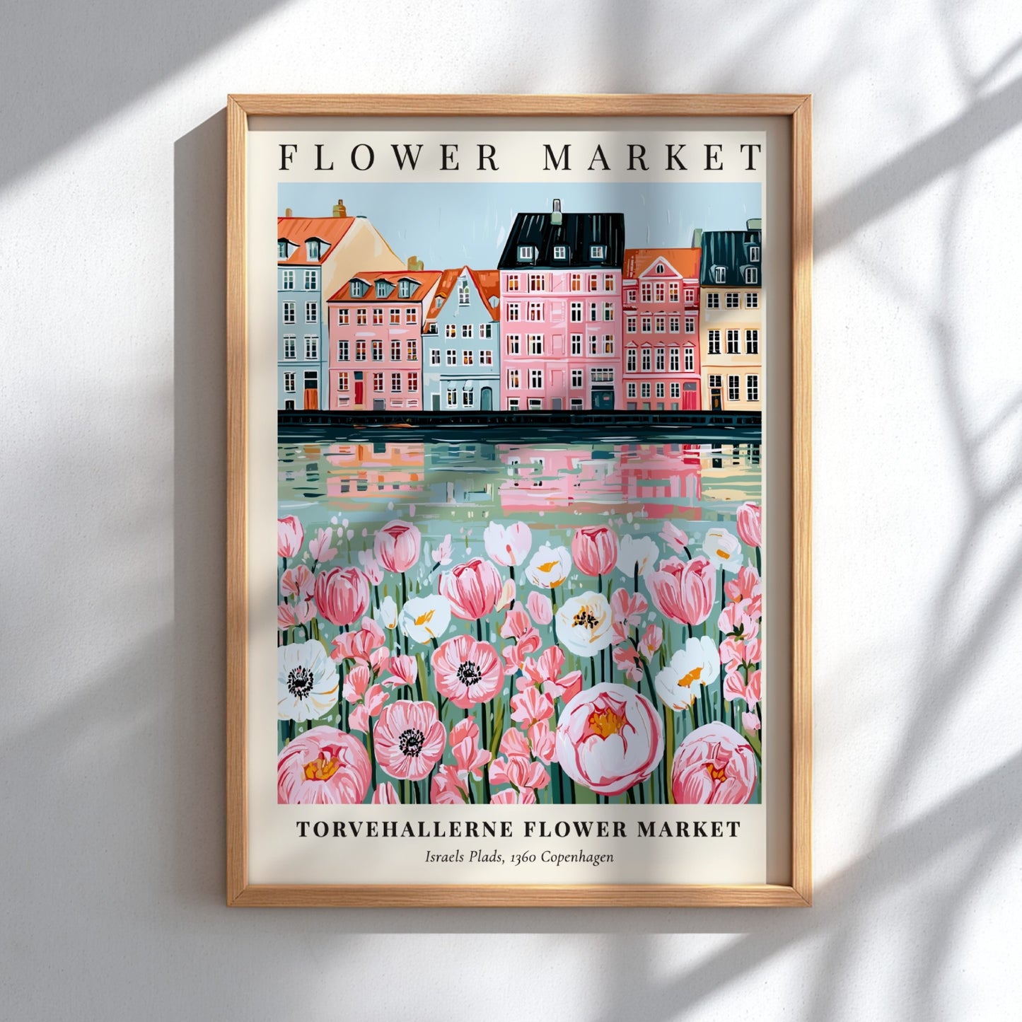 Floral print featuring Torvehallerne Flower Market with pastel buildings and flowers, perfect for wall decor.