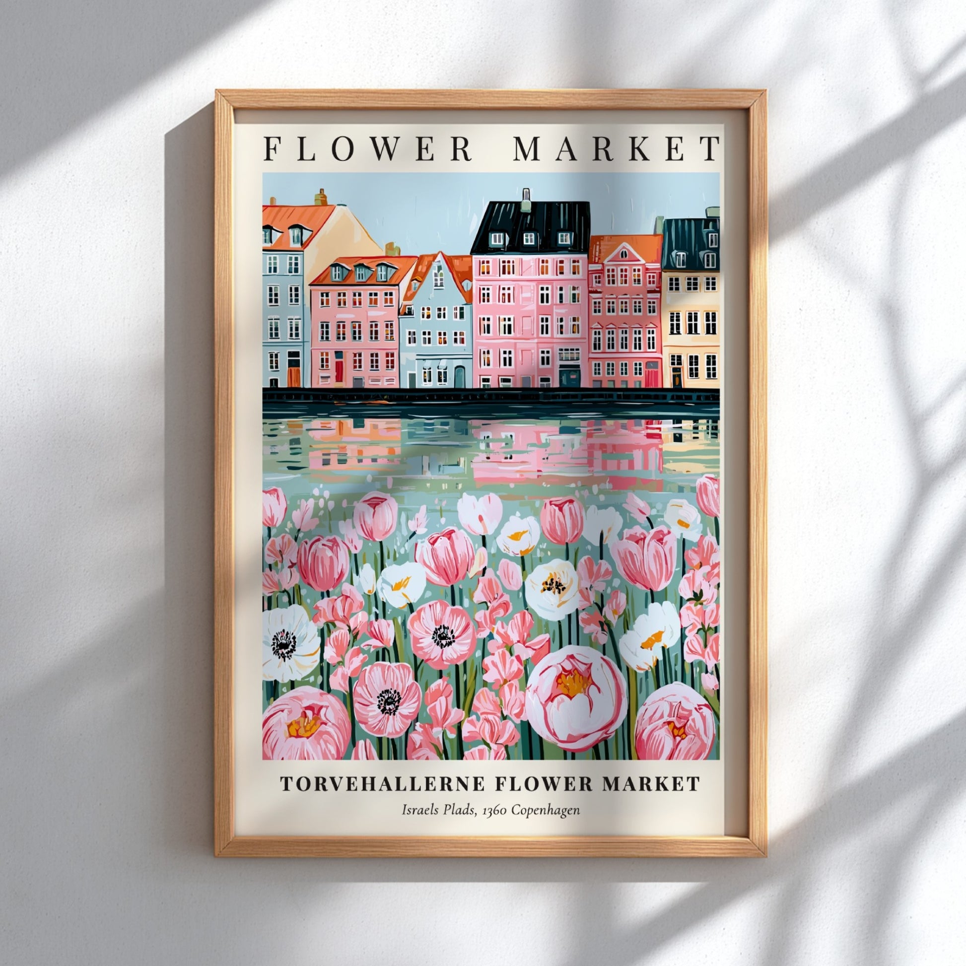 Floral print featuring Torvehallerne Flower Market with pastel buildings and flowers, perfect for wall decor.