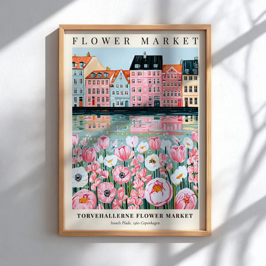 Floral print featuring Torvehallerne Flower Market with pastel buildings and flowers, perfect for wall decor.