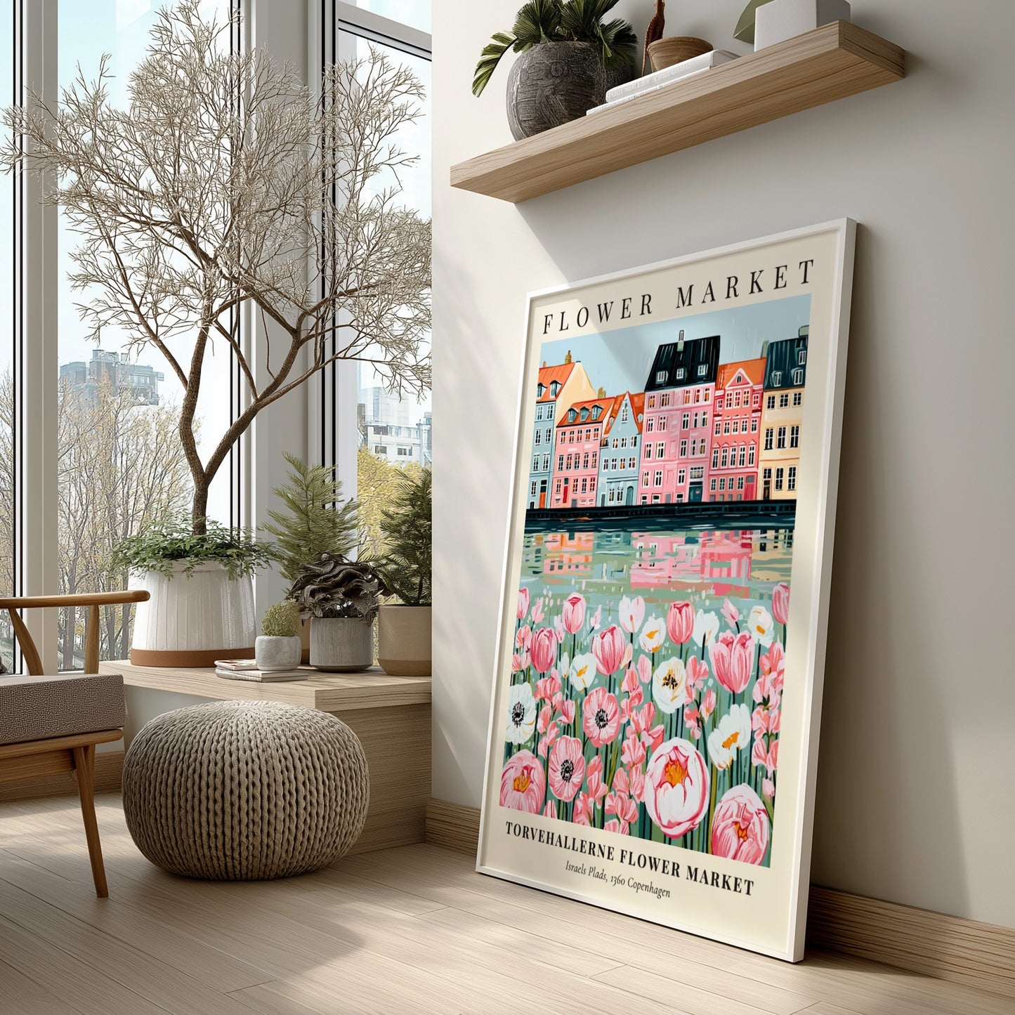 Floral print featuring Torvehallerne Flower Market with pastel buildings and flowers, perfect for wall decor.