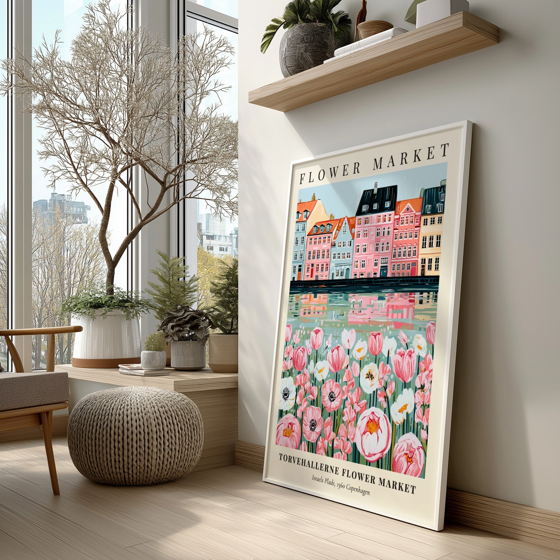 Floral print featuring Torvehallerne Flower Market with pastel buildings and flowers, perfect for wall decor.