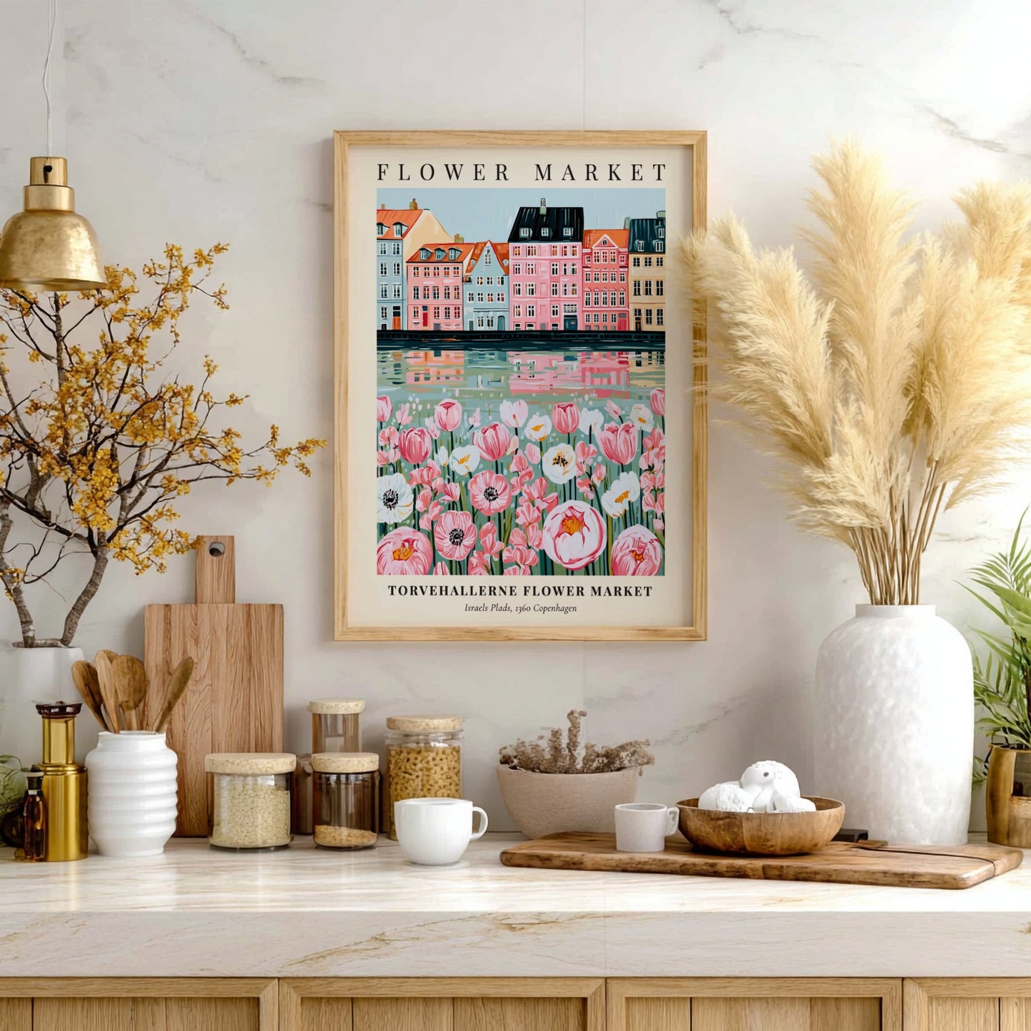 Floral print featuring Torvehallerne Flower Market with pastel buildings and flowers, perfect for wall decor.