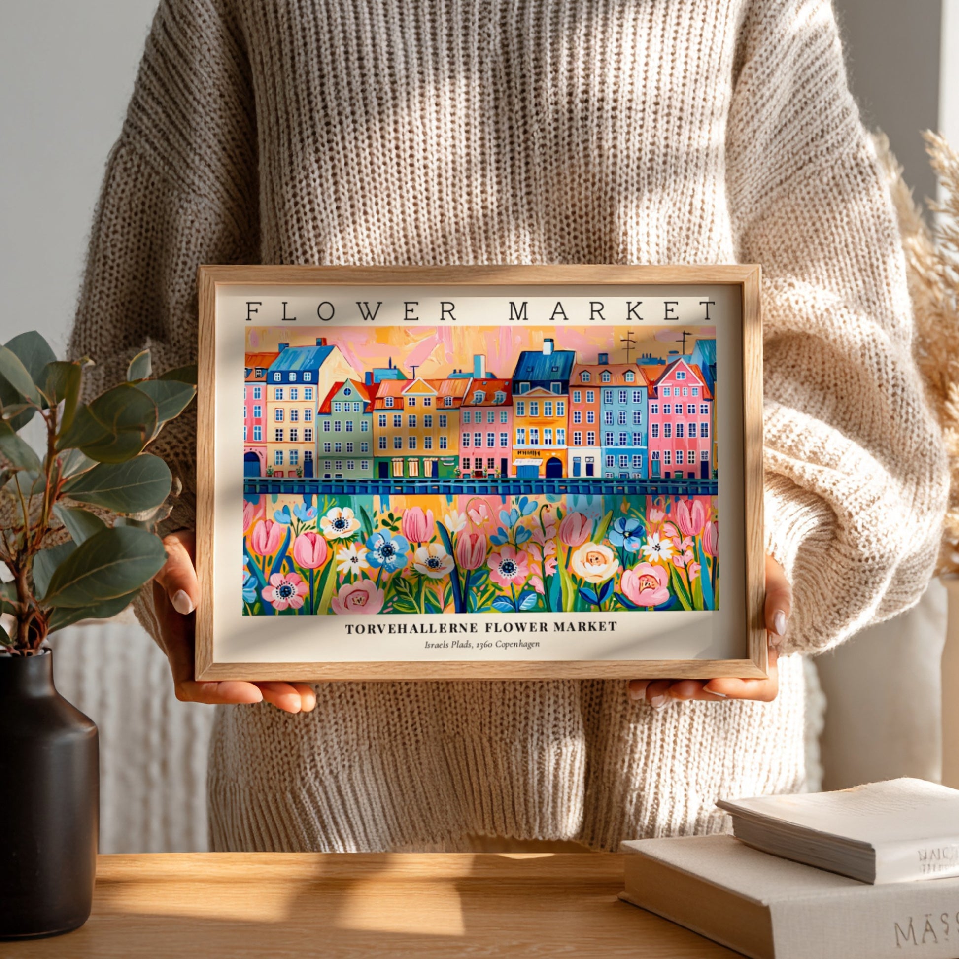 Flower market poster featuring colorful tulips and buildings in vibrant hues