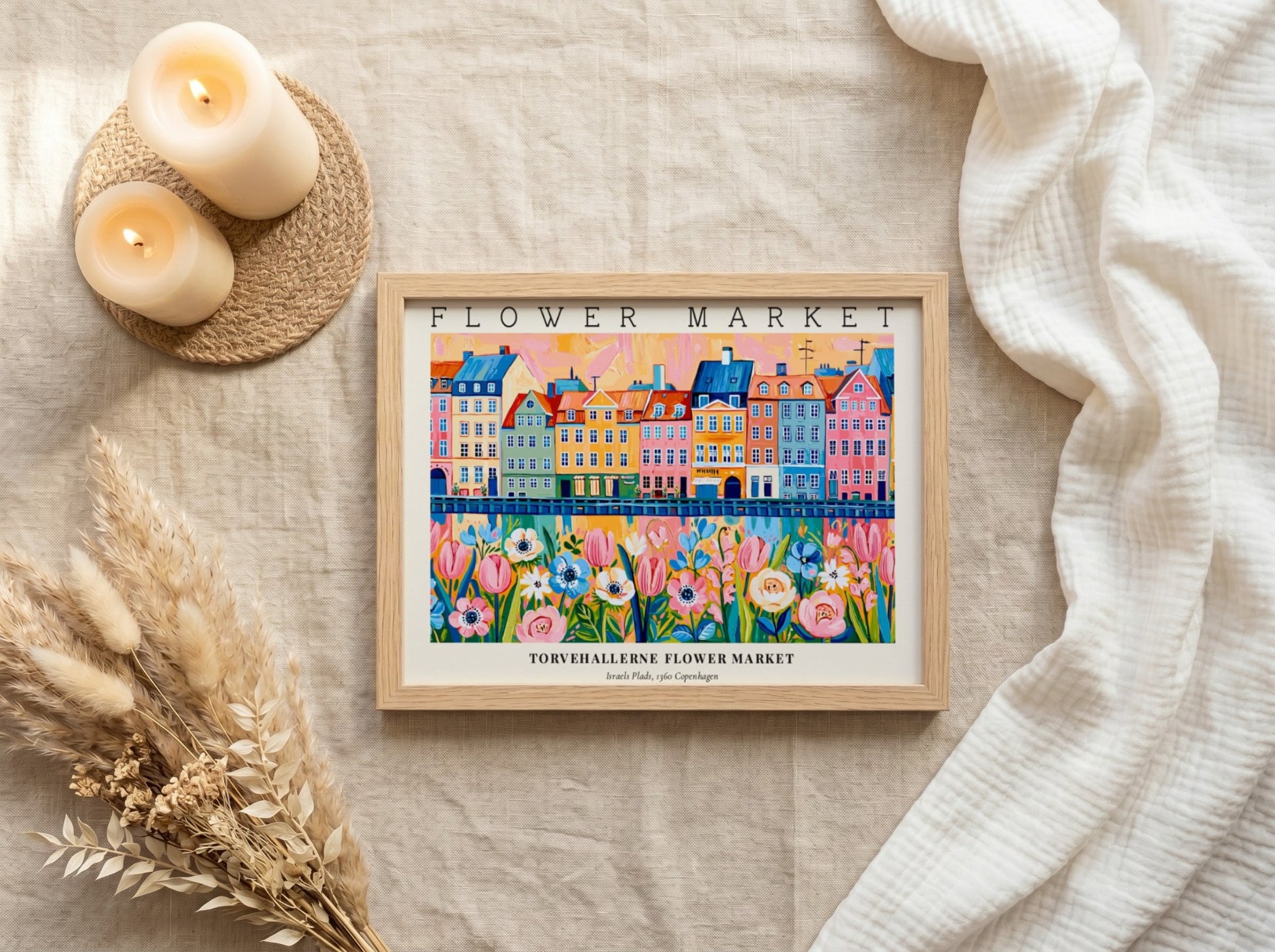 Flower market poster featuring colorful tulips and buildings in vibrant hues