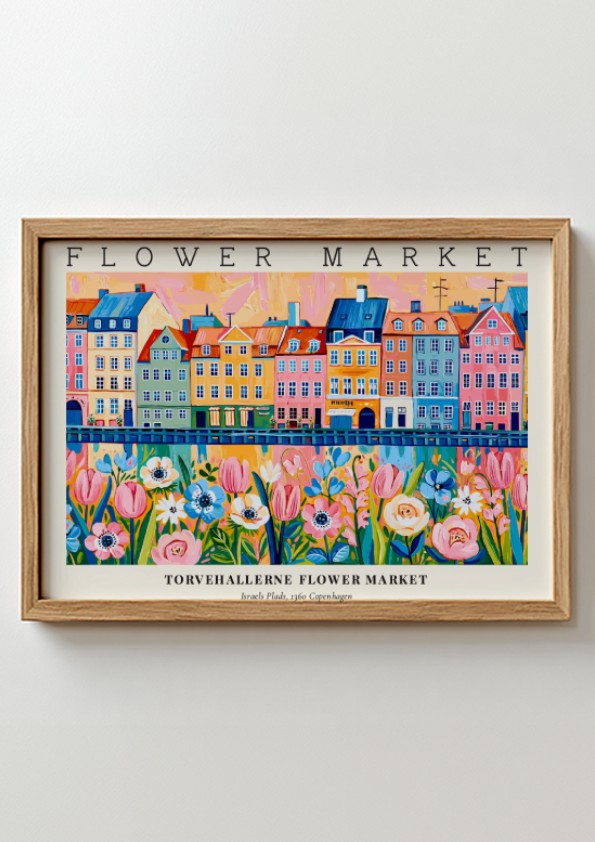 Flower market poster featuring colorful tulips and buildings in vibrant hues